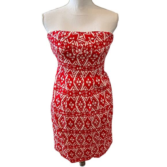 J Crew Strapless Cotton Summer Dress Red White Ikat Print 2 - Picture 1 of 7